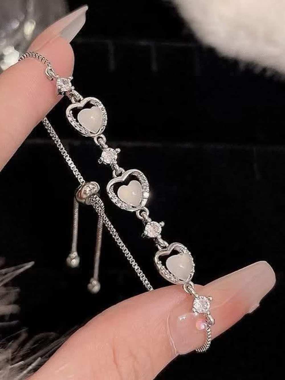 Silver Moon Cat Eye Heart Bracelet with Adjustable Chain Titanium Bracelet